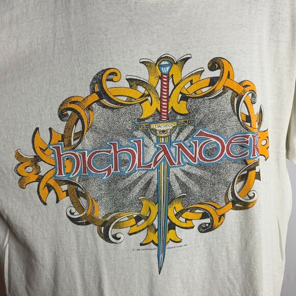 Vintage 1996 Highlander Crewneck T Shirt XL White Short Sleeve MacLeod Promo - Picture 3 of 10
